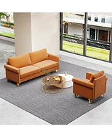 Mid-Century Velvet Sofa and Armchair Set with Gold Accents