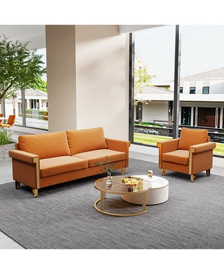 Mid-Century Velvet Sofa and Armchair Set with Gold Accents