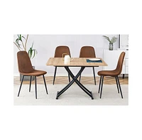 Modern Minimalist Table Set: Multifunctional Desk with 4 Brown Fabric Chairs