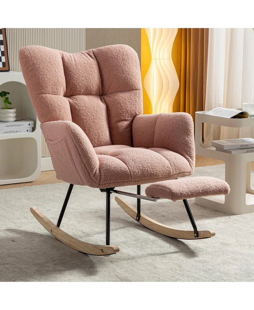 Teddy Fabric Rocking Chair With Adjustable Footrest,Pink