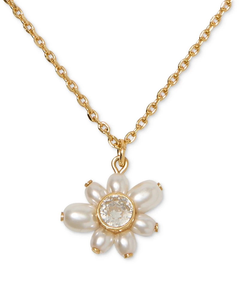 Kate Spade New York Gold-Tone Cubic Zirconia & Imitation Pearl Flower Pendant Necklace, 16" + 3" extender