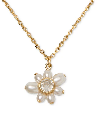 Kate Spade New York Gold-Tone Cubic Zirconia & Imitation Pearl Flower Pendant Necklace, 16" + 3" extender