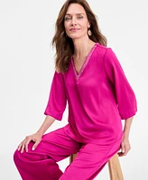 Jm Collection Women's Beaded V-Neck 3/4-Sleeve Top, Exclusively at Macy's