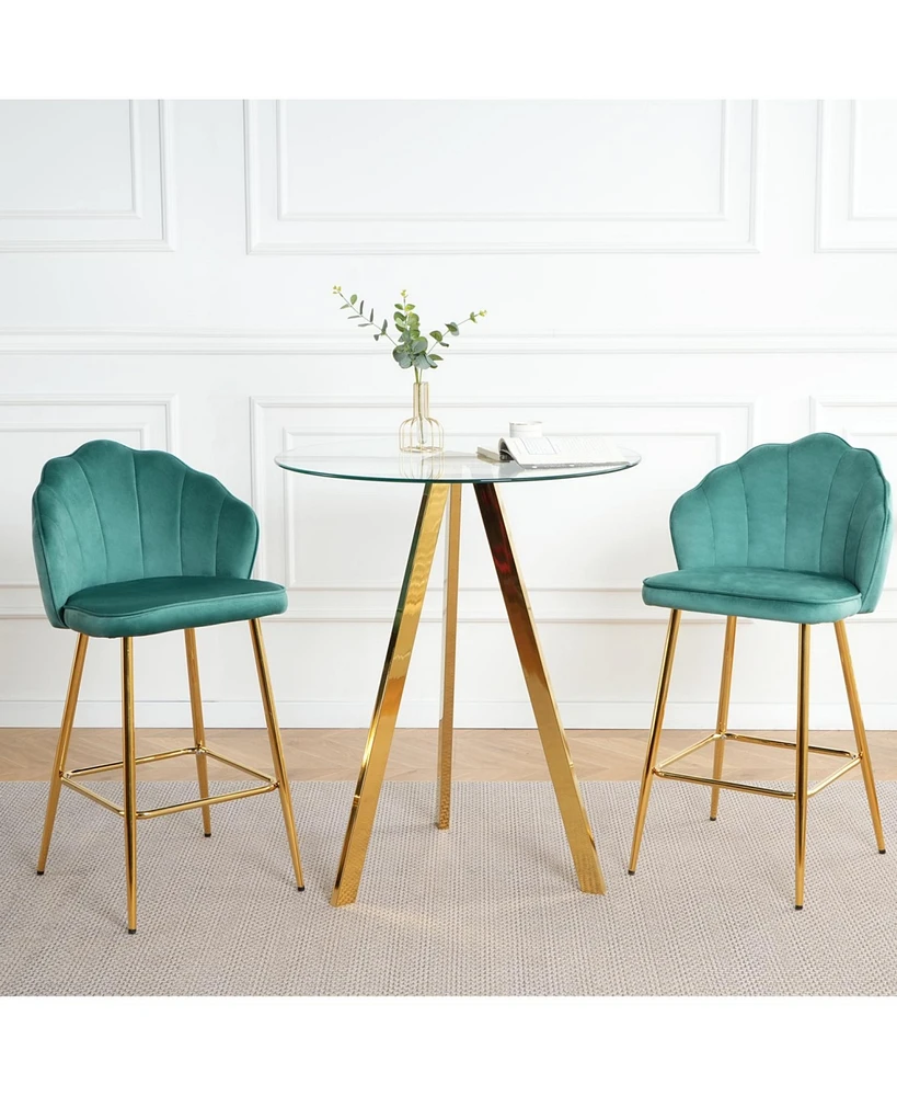 Green Velvet Bar Chairs with Glass Top and Gold Legs (Set of 3)