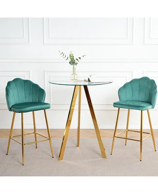Green Velvet Bar Chairs with Glass Top and Gold Legs (Set of 3)