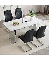 63" Snow Mountain White Stone Dining Table Set (4 Black Pu Chairs)