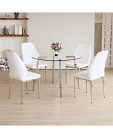 Modern Glass Table and White Pu Dining Chairs