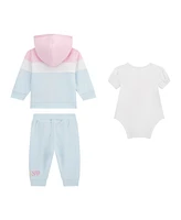 Guess Baby Girls 3-Piece Long Sleeve Zip-Up Colorblocked Sweatshirt, Short Bodysuit, and Pants Set