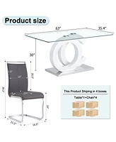 63" Tempered Glass Dining Table with 4 Pu Chairs and Metal Legs