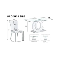 Transparant Glass Dining Set: 63"x35" Table with 4 Pu Stripe Chairs