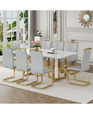 Marble Pattern Dining Table Set with 8 Pu Chairs (67"x36
