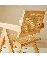 Natural Rattan Dining Chairs (2), Armrest & Solid Wood, Living Room