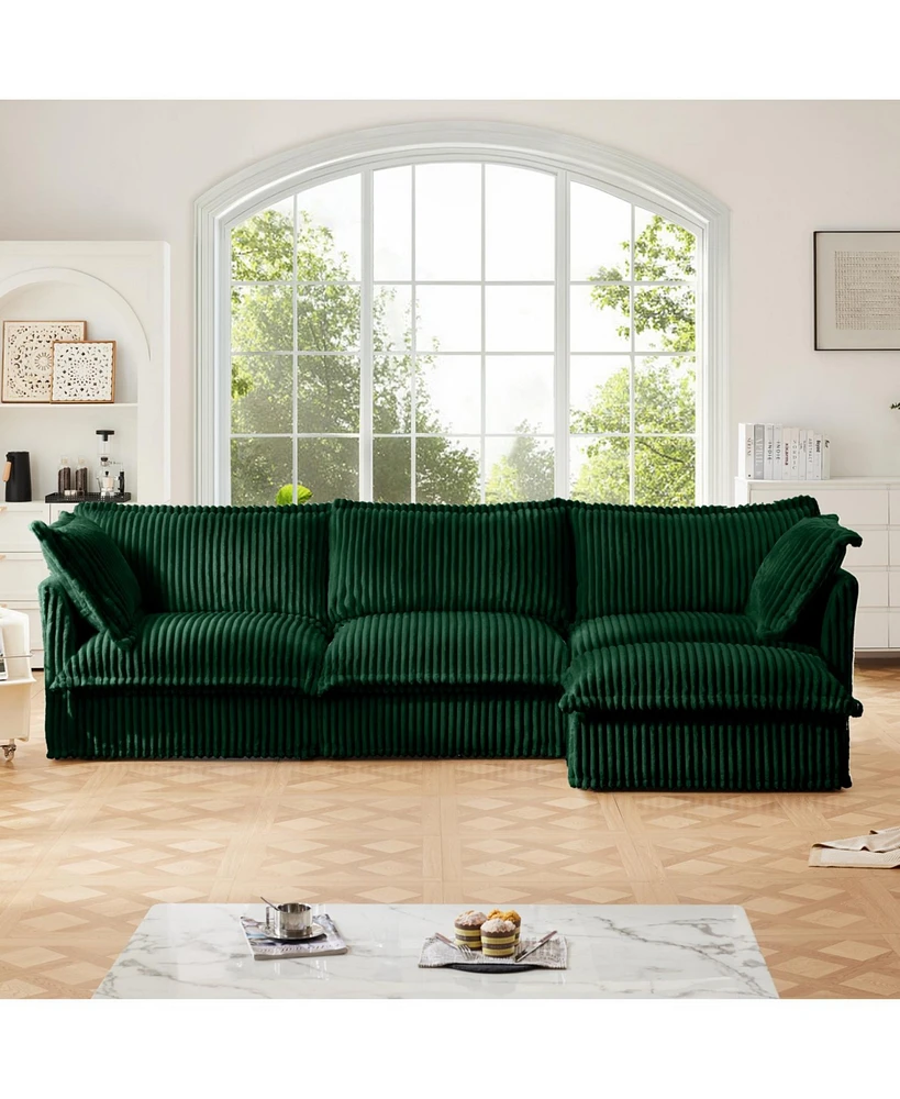 L-Shaped Green Corduroy Sectional Sofa with Ottoman