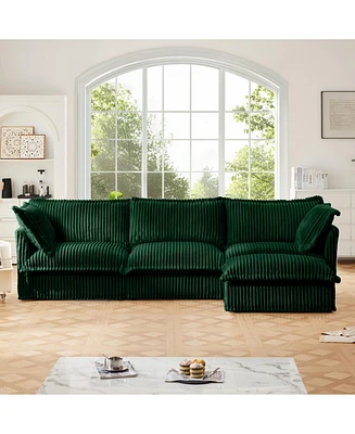 L-Shaped Green Corduroy Sectional Sofa with Ottoman