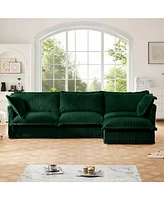 L-Shaped Green Corduroy Sectional Sofa with Ottoman