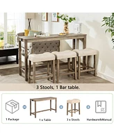 Bar Table Set with 3 Stools & Power Outlet - Brown