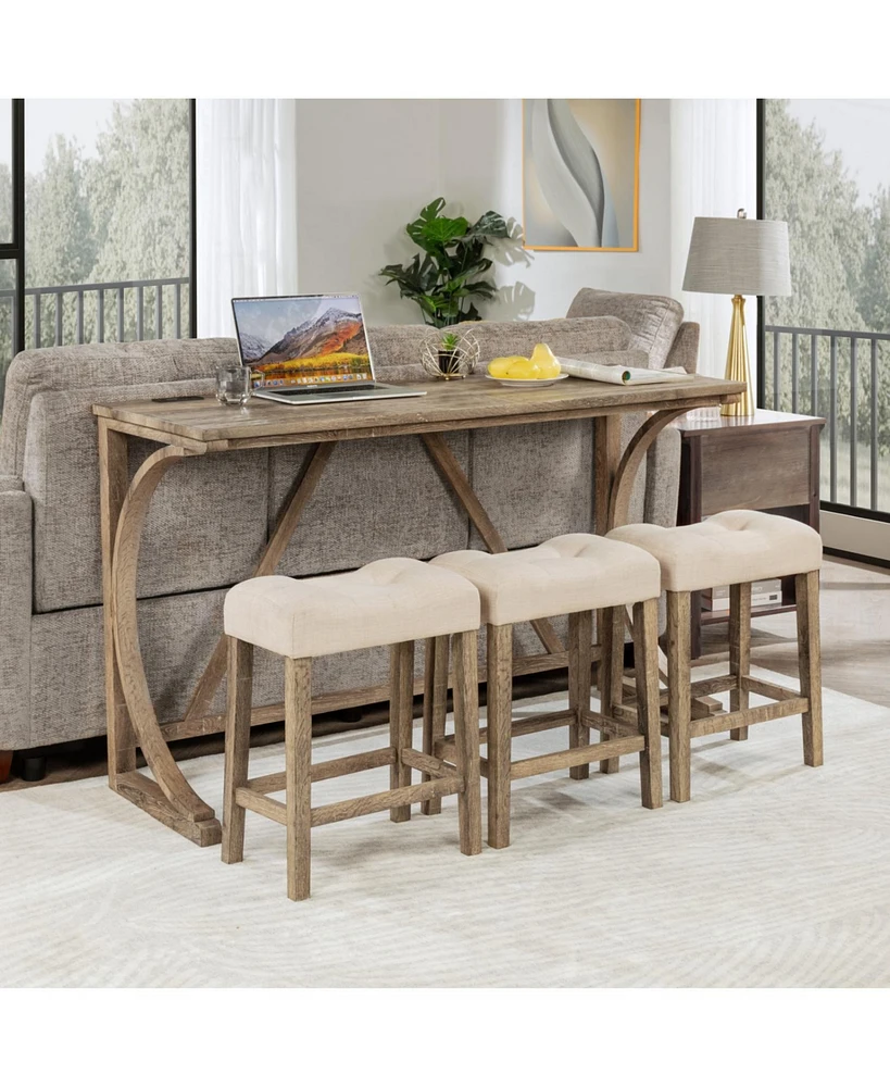 4-Piece Bar Table Set with Power Outlet and 3 Padded Stools