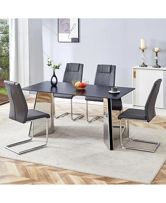 Black Marble Table and 4 Dark Gray Pu Chairs with Butterfly Legs