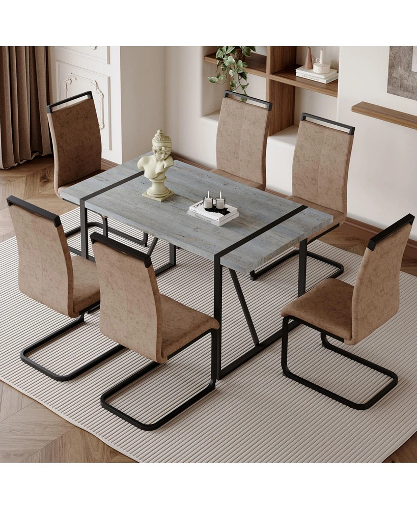 Modern Grey Marble Mdf Dining Set with 6 Tech Fabric Chairs and Black Arched Legs