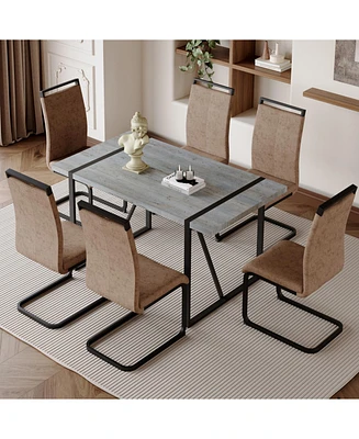 Modern Grey Marble Mdf Dining Set with 6 Tech Fabric Chairs and Black Arched Legs