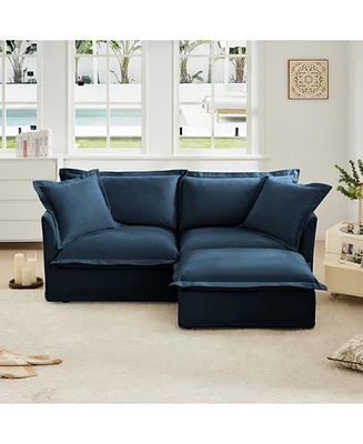 Cozy Blue Chenille L-Shaped Sofa with Ottoman and Detachable Cover