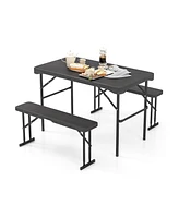 Outdoor Folding Table Bench Set w All-Weather Hdpe Tabletop and Sturdy Metal Frame-Black
