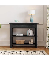 Retro Console Table with Drawer and Two Sturdy Shelves for Entryway, Living Room (Black