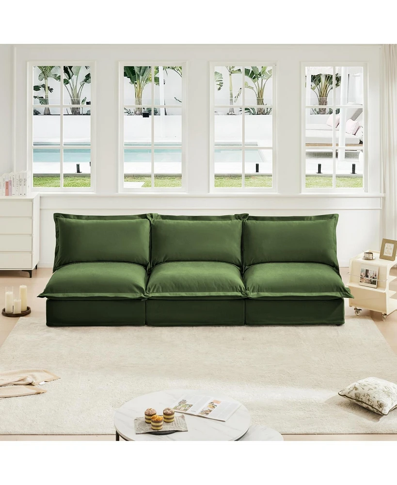 Modern Armless Modular 3-Seater Sofa Couch, Chenille Green