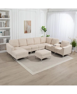 Beige Corduroy Convertible Sectional Sofa with Ottoman, Usb