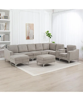Corduroy Convertible Sectional Sofa with Ottoman, Gray