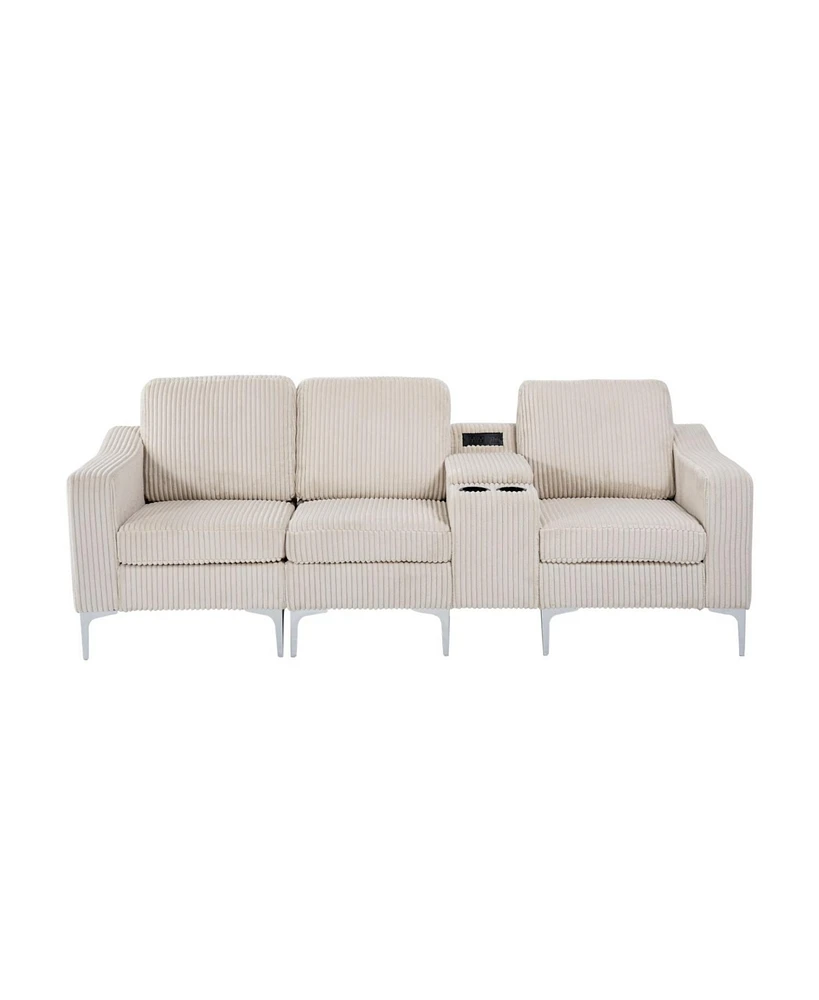 Convertible Sectional Corduroy Sofa with Cupholders, Usb,Three-seater,Beige