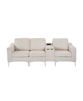 Convertible Sectional Corduroy Sofa with Cupholders, Usb,Three-seater,Beige