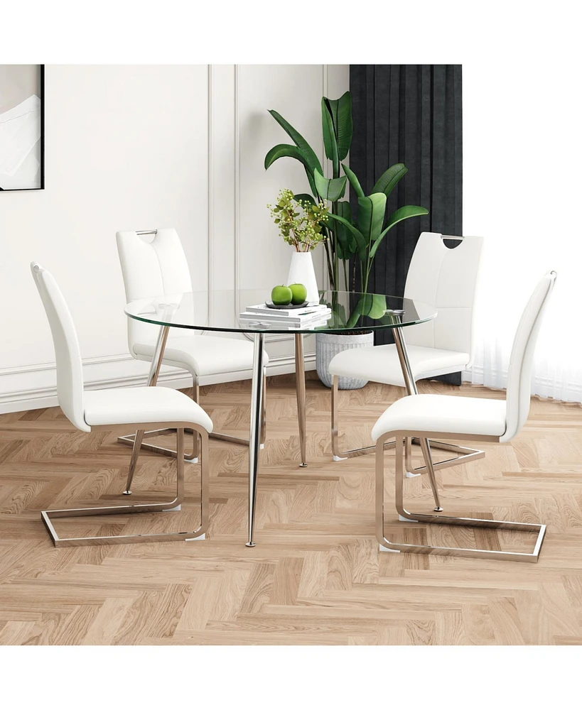 Glass Dining Table and White Pu Chairs Set (5)