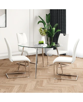 Glass Dining Table and White Pu Chairs Set (5)