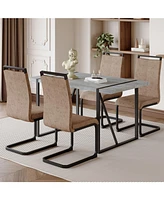 Modern Grey Marble Table with Metal Frame and 4 Arched Brown Fabric Chairs