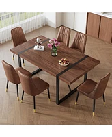 Industrial Walnut Dining Set with 6 Brown Suede Chairs