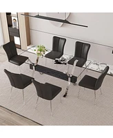 Elegant Glass Dining Set with 6 Black Striped Pu Chairs (71"x35.4")