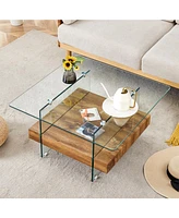 Modern Square Coffee Table: Glass and Wood Combo