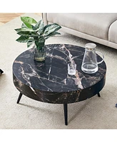31.5" Black Marble-Patterned Round Coffee Table with Metal Legs