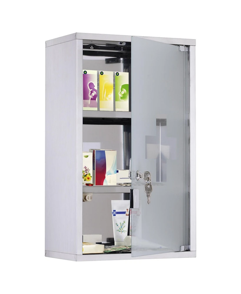 Wall Mounted Medicine Cabinet, Locking Wall Cabinet with 3 Tier Shelves, Stainless Steel Frame and Glass Door, Lockable with 2 Keys, Silver, 12"