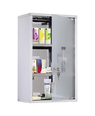 Wall Mounted Medicine Cabinet, Locking Wall Cabinet with 3 Tier Shelves, Stainless Steel Frame and Glass Door, Lockable with 2 Keys, Silver, 12"