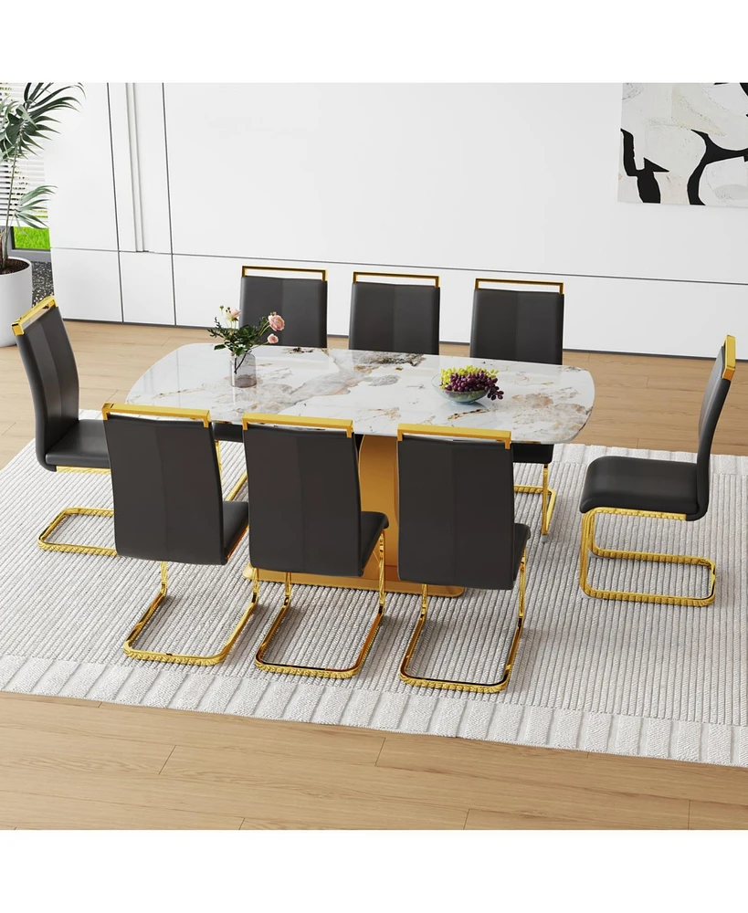 71" Pandora Glass Dining Set w/ 8 Black Pu Chairs