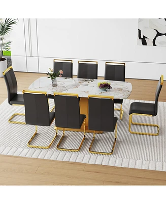 71" Pandora Glass Dining Set w/ 8 Black Pu Chairs