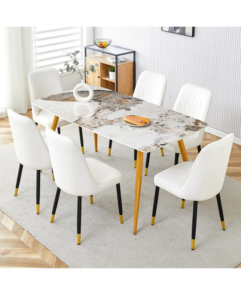 Sintered Stone Dining Set: White Marble Table & Pu Chairs