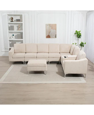 Beige Corduroy Convertible Sectional Sofa with Ottoman, Usb