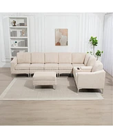 Beige Corduroy Convertible Sectional Sofa with Ottoman, Usb