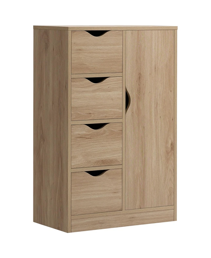 Freestanding Storage Cabinet, Bathroom Floor Cabinet with 4 Drawers and Door, Oak