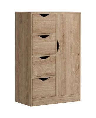 Freestanding Storage Cabinet, Bathroom Floor Cabinet with 4 Drawers and Door, Oak