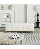 47.24''W Storage Ottoman,Upholstered Velvet Fabric Storage Ottoman with Safety Hinge, gold decoration strip and gold embroidery Footstool, Ottoman Ben