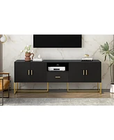 Modern Tv Stand for TVs up to 70", with Drawer, Cabinets, Metal Legs, Handles, and Safety Device